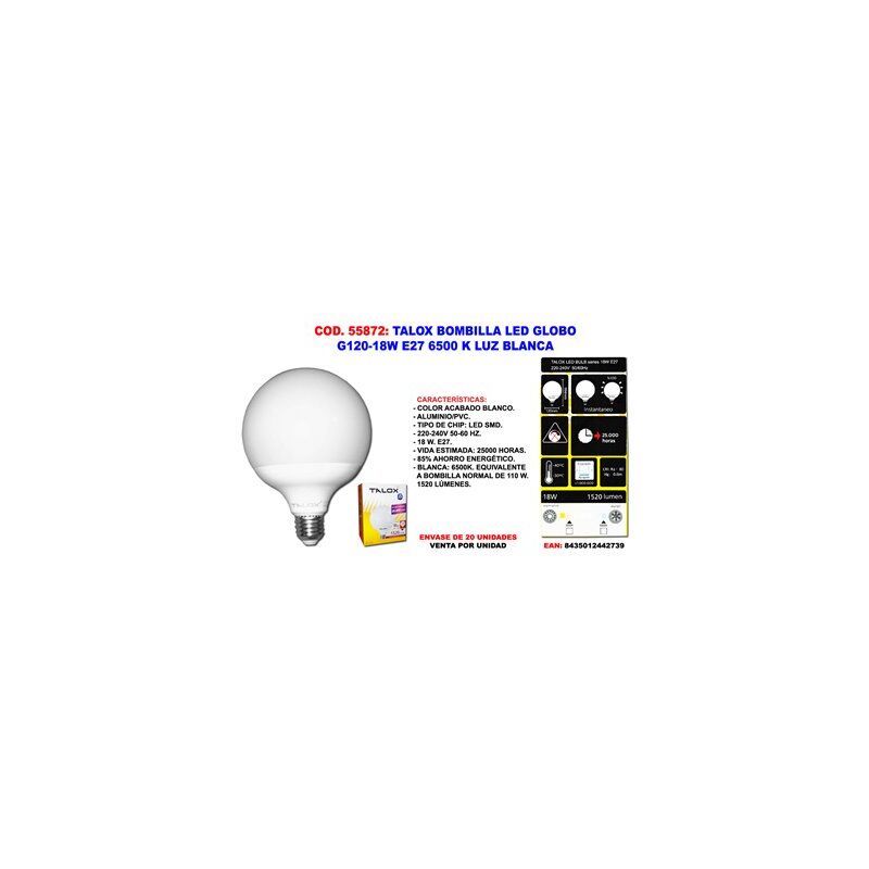 foto del prodotto lampadina led globo talox g120 e27 18w 6500k luce bianca