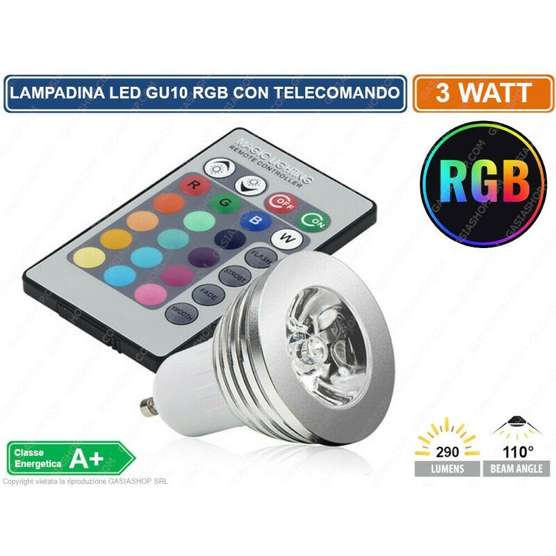 foto del prodotto lampadina led gu10 3w faretto spotlight 110 rgb con telecomando cromoterapia