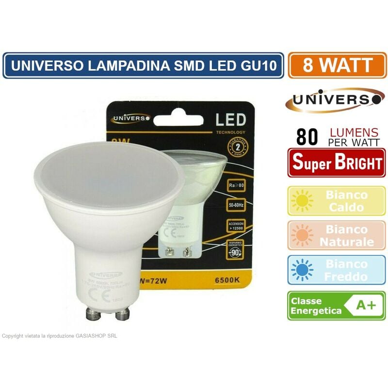 foto del prodotto lampadina led gu10 8w faretto spotlight chip smd 110 620 lumen colore luce bianco caldo universo