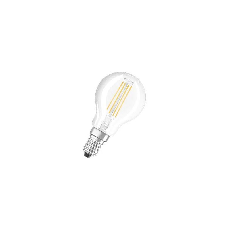 foto del prodotto lampadina led in vetro trasparente, sfera e14, 4w, bianco caldo.