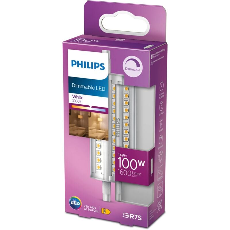 foto del prodotto lampadina led lineare, equivalente a 100w, attacco r7s, luce bianca calda, 3000k, dimmerabile philips
