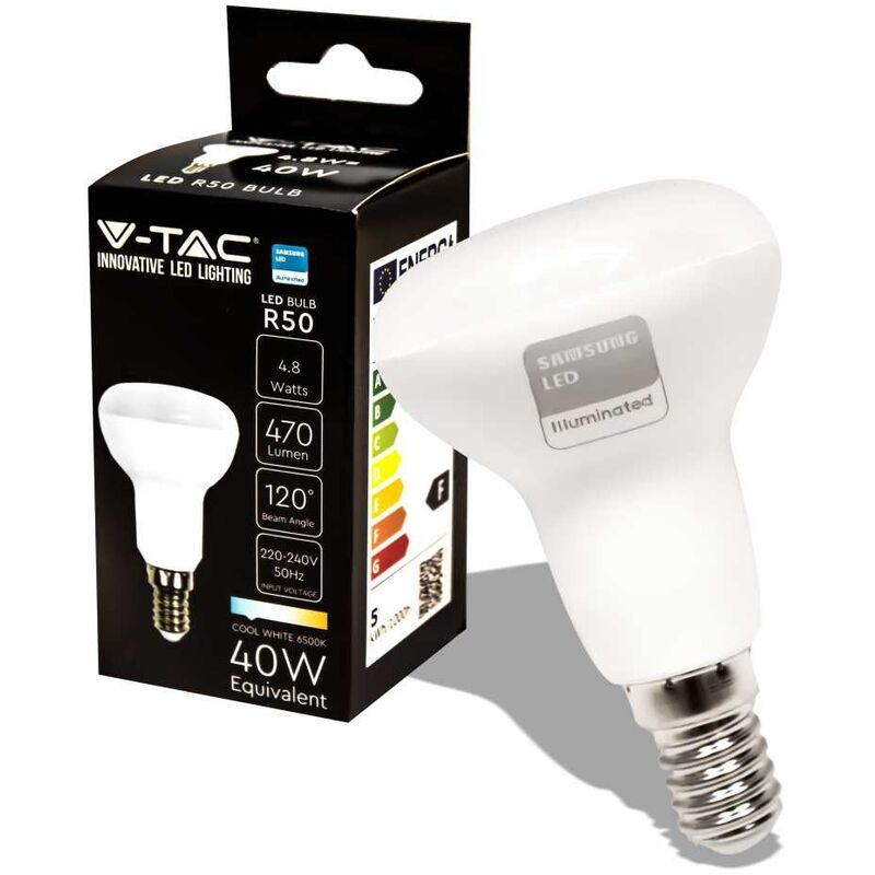foto del prodotto lampadina led r50 v-tac 21140 vt-250-chip samsung-e14 4,8w 6500k