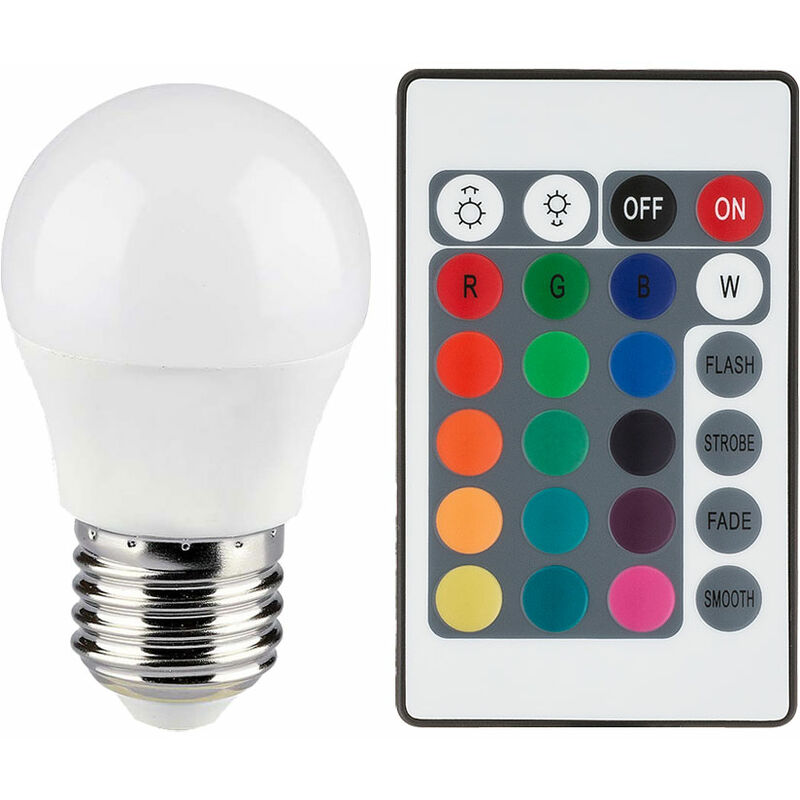 immagine 0 del prodotto lampadina led rgb e27 dimmerabile con telecomando sfera con cambio colore, 4,8 watt 470 lumen bianco caldo, pxh 4,5x8 cm v tac 3028