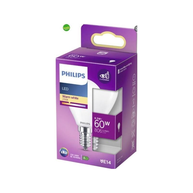 foto del prodotto lampadina led sfera philips satinata 6,5 w 60 w e14 2.700k
