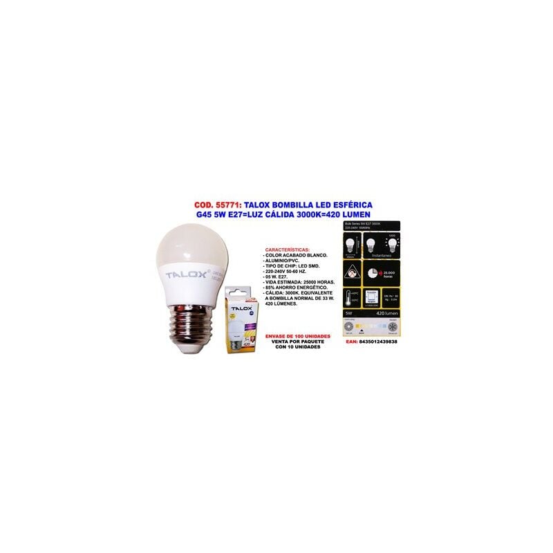 foto del prodotto lampadina led sferica g45 5w e27 luce calda 3000k 420 lumen