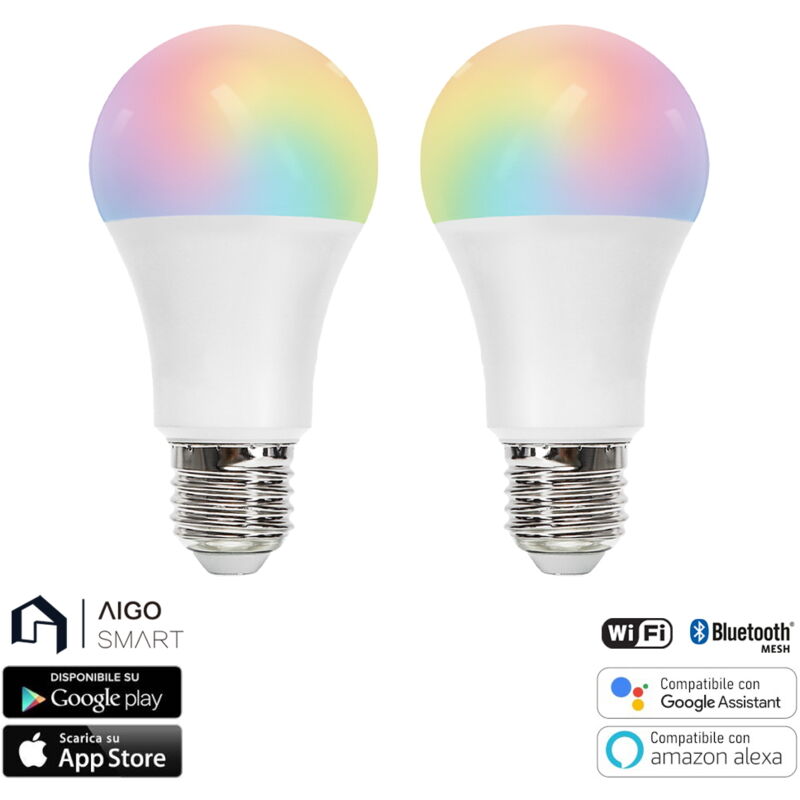 foto del prodotto lampadina led smart a60 e27 12w wifi bluetooth mesh rgb cct luce regolabile e dimmerabile confezione da 2pz aigostar