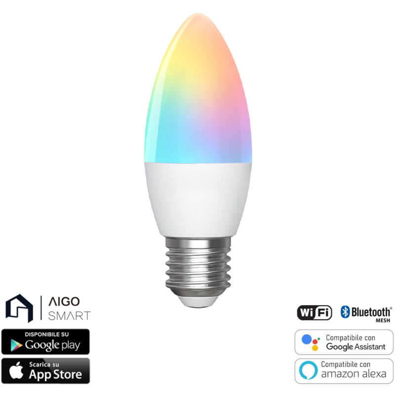 foto del prodotto lampadina led smart c37 e27 6.5w bluetooth mesh rgb cct luce regolabile e dimmerabile aigostar
