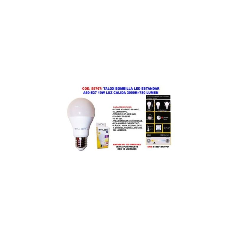 foto del prodotto lampadina led standard a60 e27 10w luce calda 3000k 780 lumen