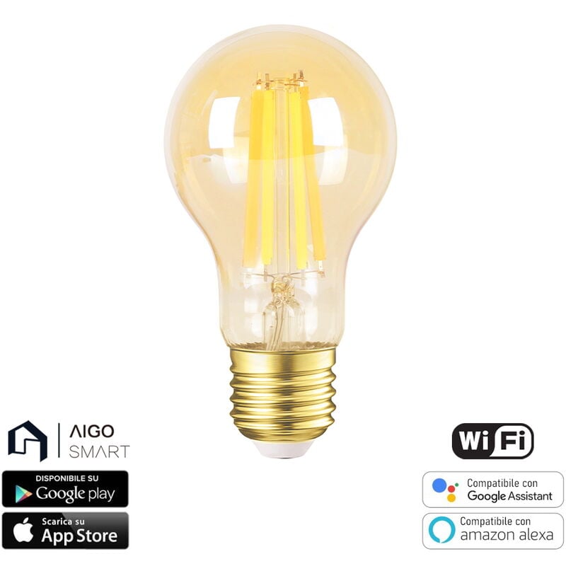 foto del prodotto lampadina led vintage a filamento smart a60 e27 6w wifi cct luce regolabile e dimmerabile aigostar