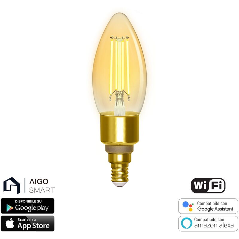 foto del prodotto lampadina led vintage a filamento smart c35 e14 4,5w wifi cct luce regolabile e dimmerabile aigostar