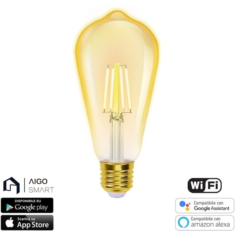 foto del prodotto lampadina led vintage a filamento smart st64 e27 6w wifi cct luce regolabile e dimmerabile aigostar