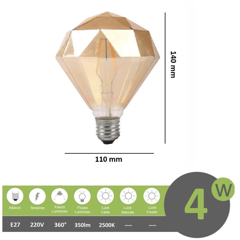 foto del prodotto lampadina led vintage a forma di diamante e27 4w vetro ambrato filamento luce calda 2500k pub taverne
