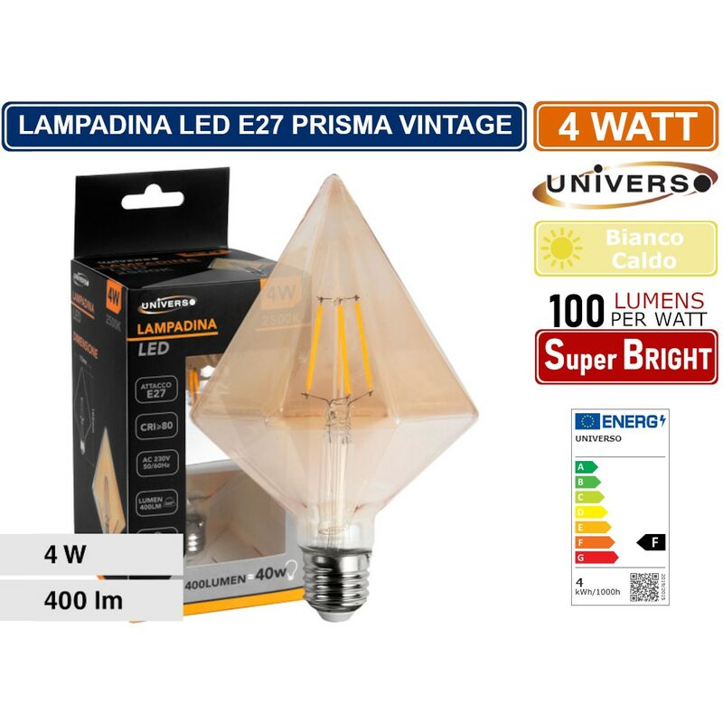 foto del prodotto lampadina led vintage a forma di prisma e27 4w vetro ambrato filamento luce calda 2500k pub taverne