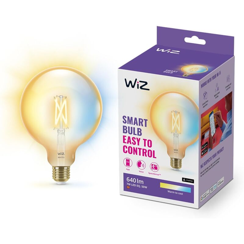 foto del prodotto lampadina smart wi fi, luce bianca dimmerabile, filament ambrata, e27, 6.7w, tecnologia spacesense, controllo vocale alexa, apple homekit, google