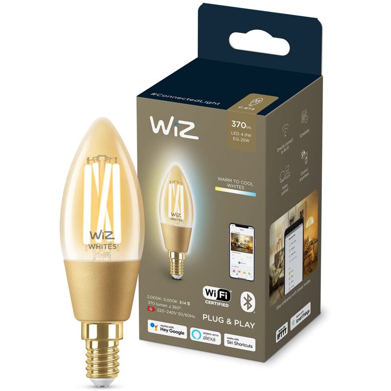 foto del prodotto lampadina smart wifi, luce bianca da calda a fredda dimmerabile, filamento ambrata, e14, 5w, tecnologia spacesense, controllo vocale alexa, apple