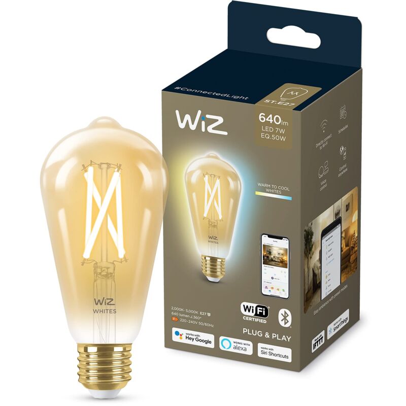 foto del prodotto lampadina smart wifi, luce bianca da calda a fredda dimmerabile, filamento ambrata, e27, 7w, tecnologia spacesense, controllo vocale alexa, apple