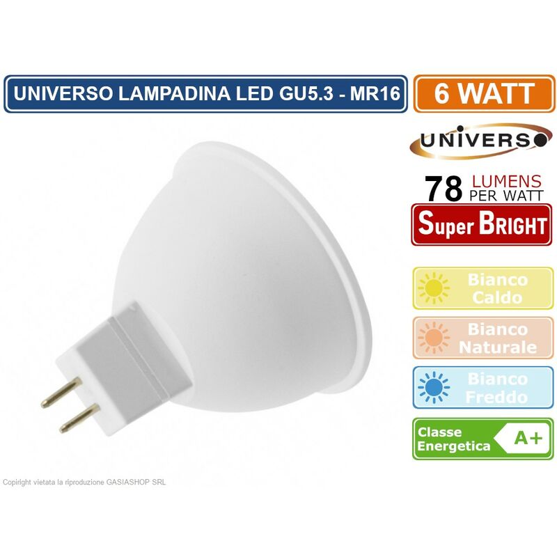 foto del prodotto lampadina smd led gu5.3 mr16 6w faretto spotlight 470 lumen 12v 3000k 4000k 6500k colore luce bianco caldo universo