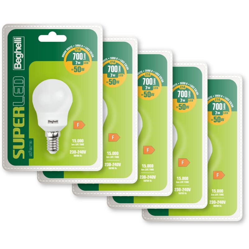foto del prodotto lampadina super led e14 luce calda, sfera 7w, 700lm, 3000k, 5 pezzi, efficiente, facile da installare, durata 15000 ore, gruppo, colore led