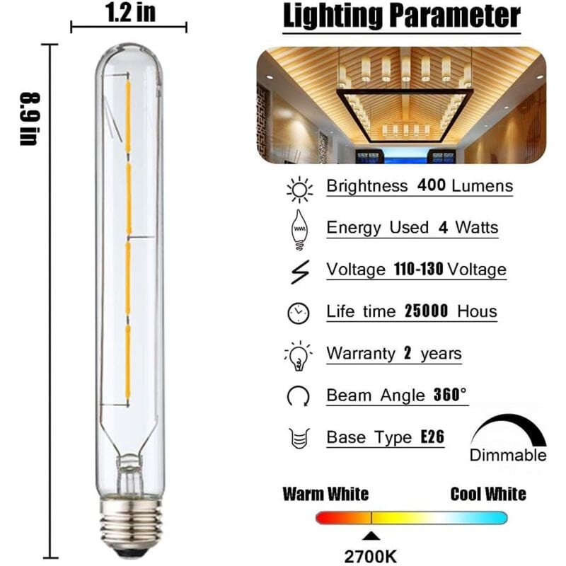 foto del prodotto lampadina tubolare dimmerabile da 4 w, equivalente a 40 watt, lampadina a filamento led retr stile edison e26, bianco caldo 2700 k