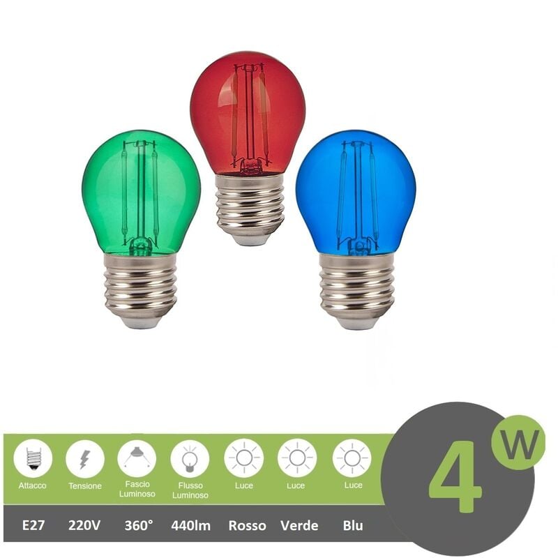 foto del prodotto lampadine filamento luce led 4w g45 attacco grande e27 palla sfera colorate rosso verde blu decorative per feste verde