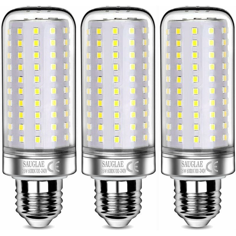 foto del prodotto lampadine led 26w, equivalenti a lampadine a incandescenza da 200w, 3000lm, bianco freddo 6000k, lampadine a vite edison e27, confezione da 3 classe