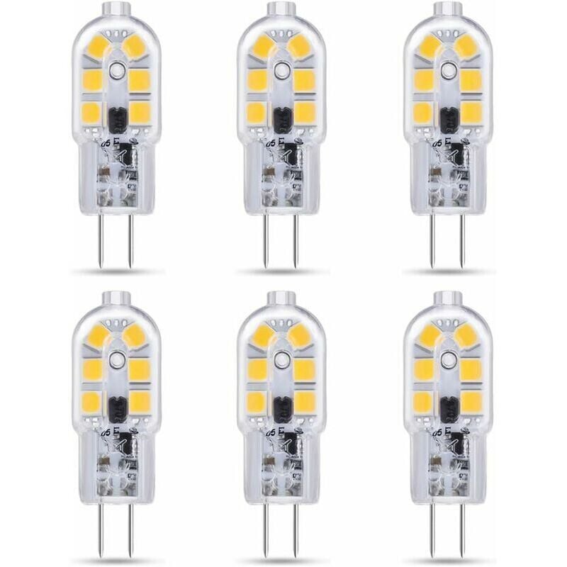 foto del prodotto lampadine led g4 da 6 pezzi, 2 w, 12 v ca cc, bianco freddo 6000 k, equivalenti a lampade alogene da 10 w e 20 w, non dimmerabili, led bi pin g4 per