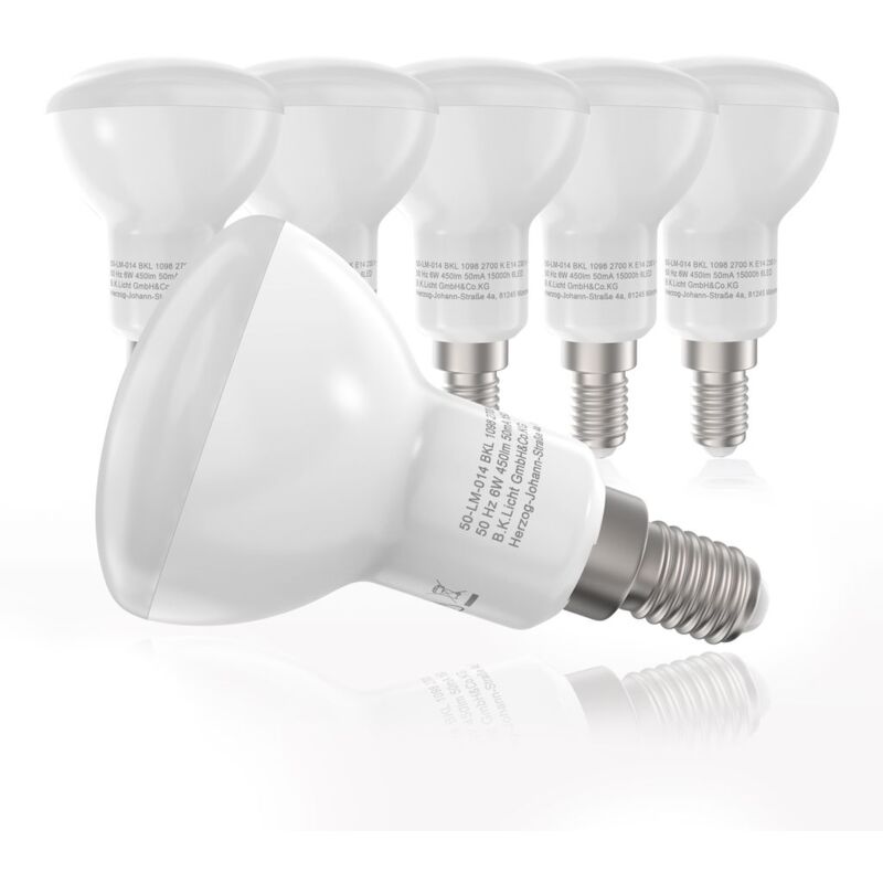 foto del prodotto lampadine led luce calda, 6w sostituisce lampadine da 40 w , attacco e14, confezione da 5, 450 lumen, 2700 kelvin, luci con forma a riflettore per