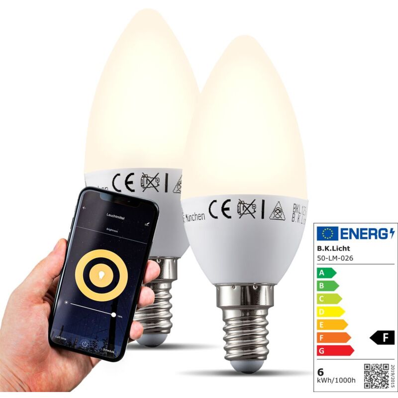 foto del prodotto lampadine led smart e14, set di 2, dimmerabili con lo smartphone, luce calda 2700k, funzionano con app per ios e android, amazon alexa, google home,