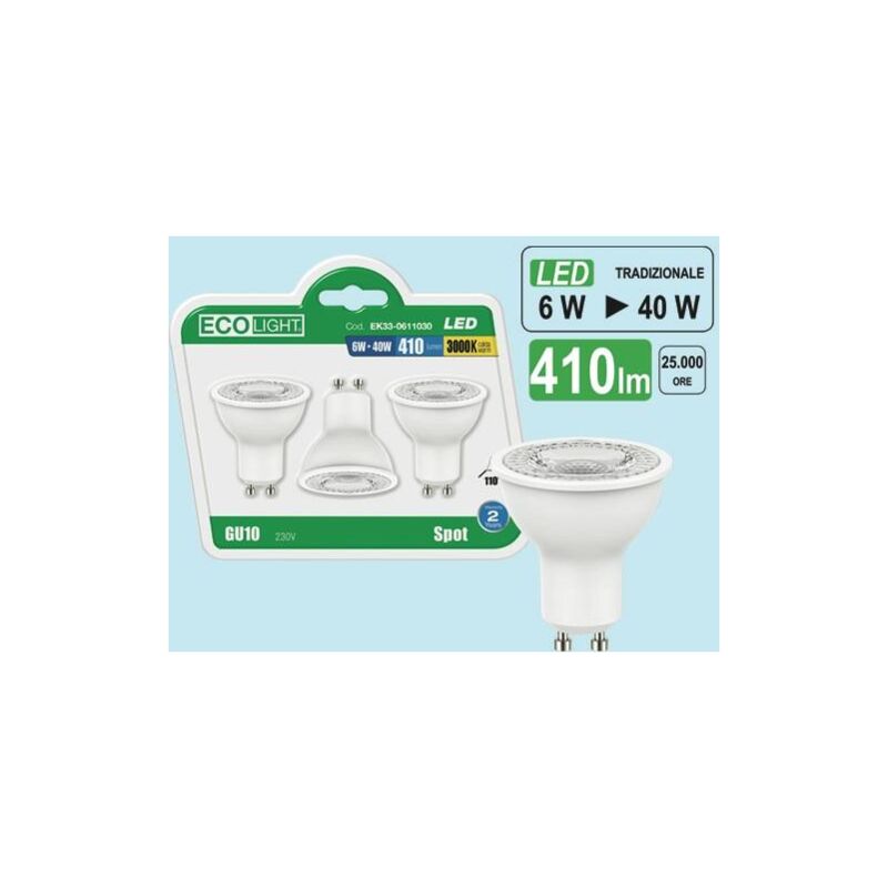 foto del prodotto lampadine luci faretti ecolight 4040 attacco gu10 6w 410 lumen 3 pezzi