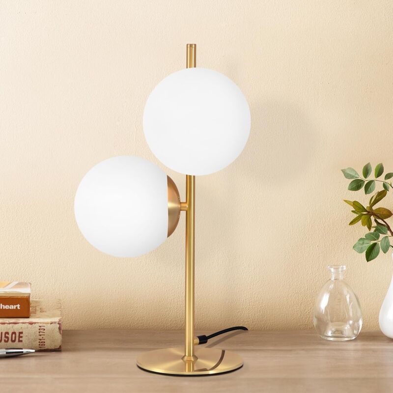 foto del prodotto lampe de table industrielle moderne pour salon lampe de chevet en or 2 flames avec interrupteur, conception m tallique en verre blanc, lampe de