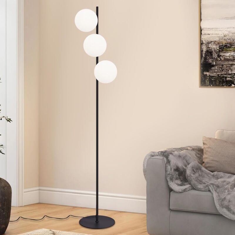 foto del prodotto lampe sur pied industrielle pour salon lampe de sol moderne noire 3 flames avec interrupteur au pied, design en m tal et verre blanc, lampe de