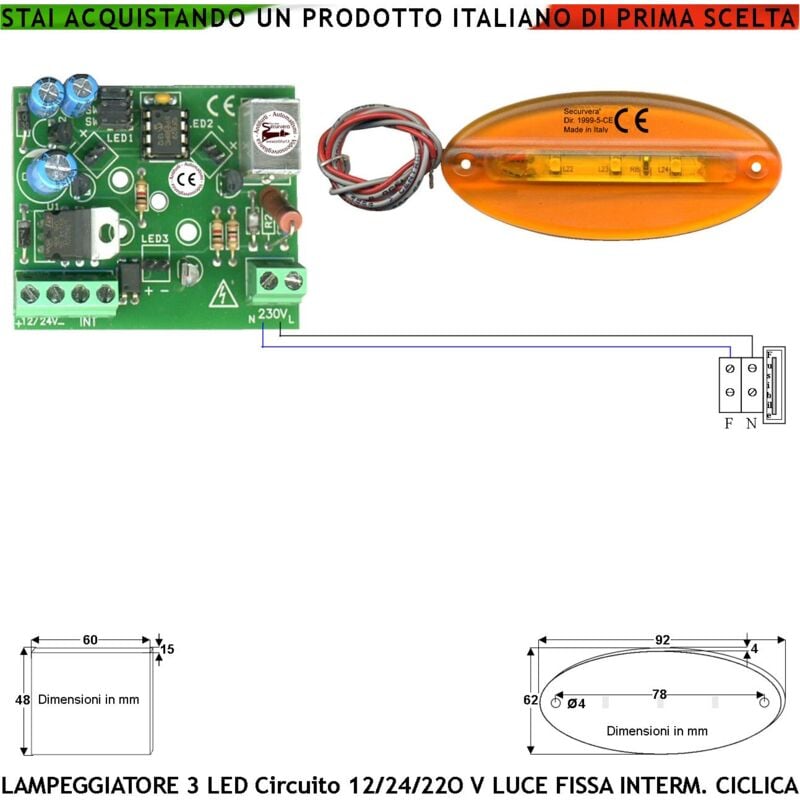 foto del prodotto lampeggiante arancione ovale piatto circuito multifumzioni selezione luce fissa intermittente ciclica il circuito supporta 1 6 basette da 3 led