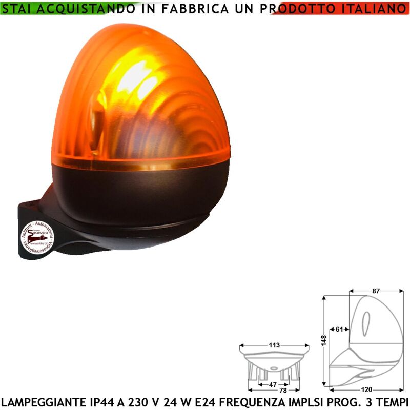 foto del prodotto lampeggiante lampada 230 v da 20 w e14 intermittenza elettronica con selezione numero di lampeggi al minuto 60 90 120 contenitore abs. calotta