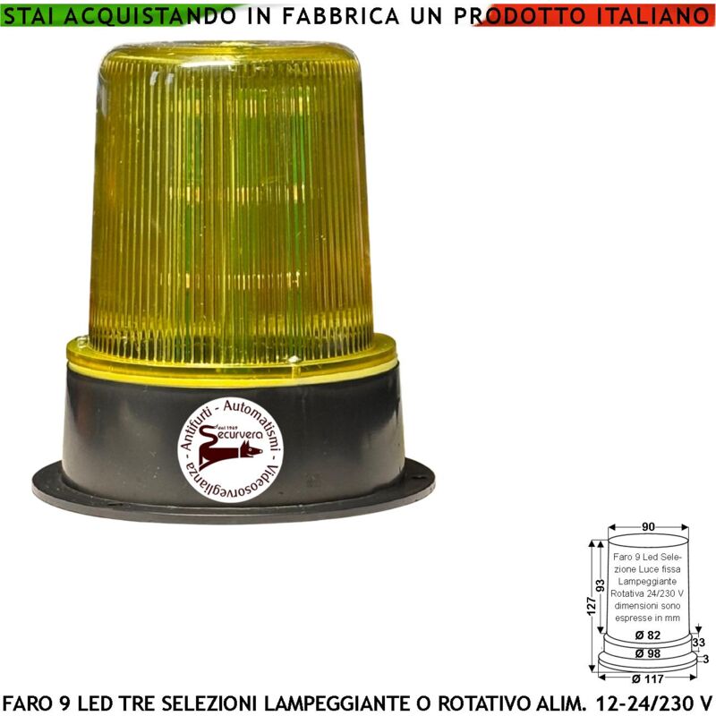 foto del prodotto lampeggiatore 9 led su 3 steli selezione luce gialla fissa o rotante aliment. 12 24 230 v montaggio da palo o parete uso come monitore su automatismi