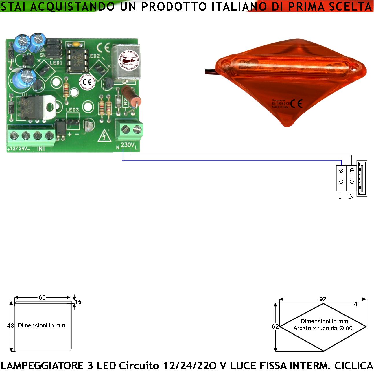 foto del prodotto lampeggiatore arancione scelta luce fissa intermittente ciclica il circuito supporta 1 6 basetta curva da palo 80 mm da 3 led aliment. 12-24-230 v parte luminosa metacrilato ip44 per asta barriera