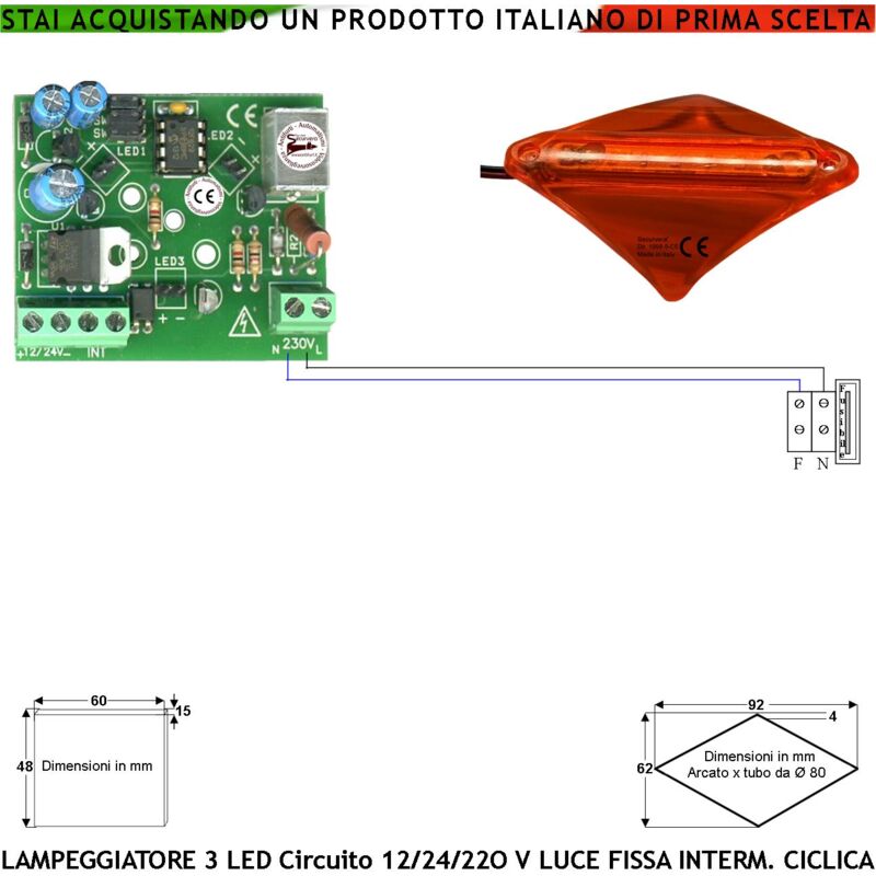 foto del prodotto lampeggiatore arancione selezione luce fissa lampeggiante ciclica il circuito supporta 1 6 basetta curva da palo 80 mm da 3 led aliment. 12 24 230