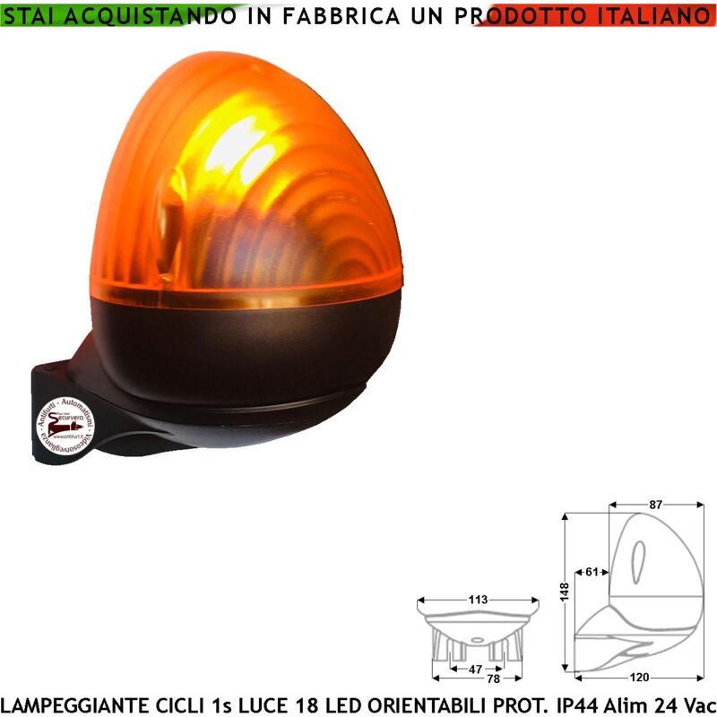 foto del prodotto lampeggiatore cancello automatico luce 9 9 led 12 24 vac intermittenza elettronica 40 45 lampeggi al minuto contenitore abs calotta arancione in