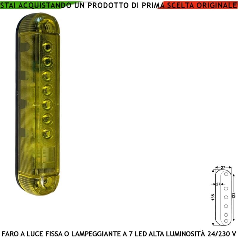 foto del prodotto lampeggiatore stilo giallo 7 led luce fissa o lampeggiante montaggio a palo o parete monitore su automatismi pericolo macchina in movimento aliment.