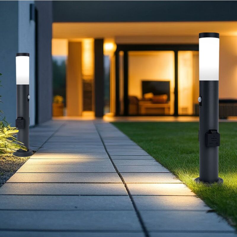 foto del prodotto lampione da esterno con rilevatore di movimento 2x presa elettrica lampada da giardino, 1x e27, acciaio inossidabile antracite, ip44, h 60cm, set di 2