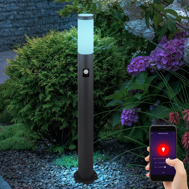 foto del prodotto lampione da giardino con rilevatore di movimento antracite smart led piantana da giardino in acciaio inox segnapasso giardino, cambio colore rgb