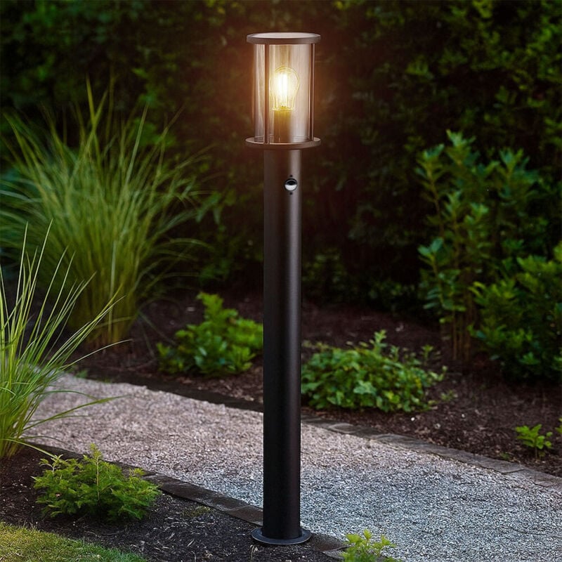foto del prodotto lampione, lampada da terra, lampada da giardino, lampada da esterno, acciaio inossidabile, vetro, rilevatore di movimento, fumo nero, 1xe27, dxh 