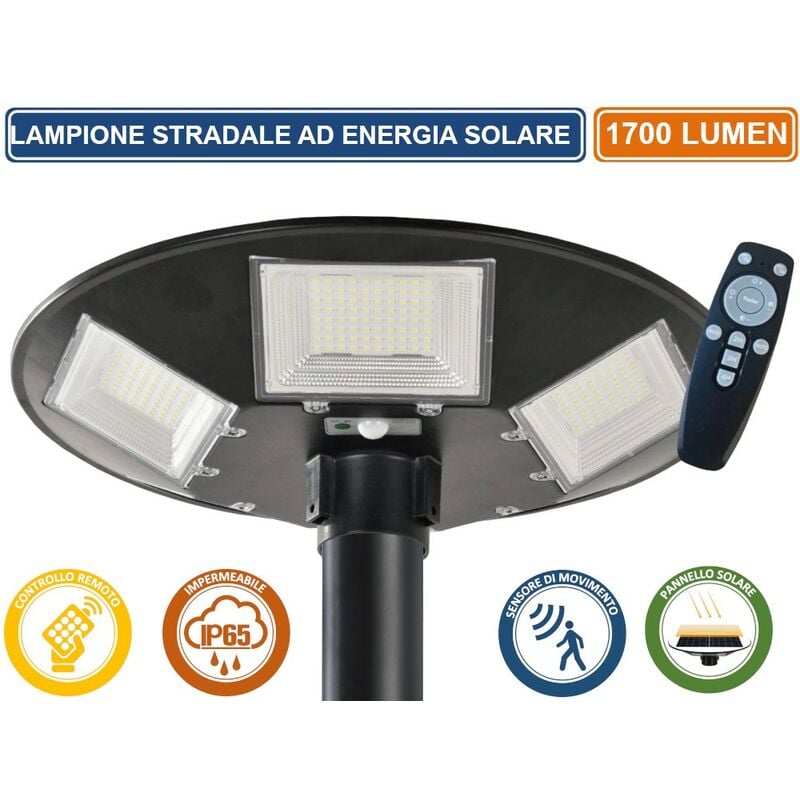 foto del prodotto lampione led smd circolare con pannello solare e sensore di movimento da esterno ip65 1700 lumen equivalenza 170w