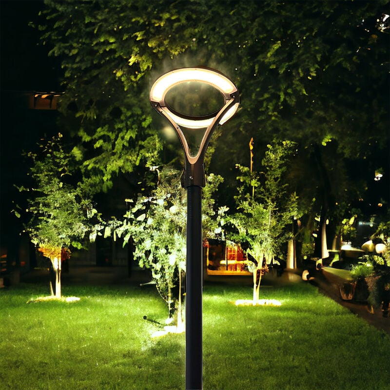 foto del prodotto lampione moderno led 100w cerchio luminoso ip65 da giardino viali con palo 3 mt luce calda
