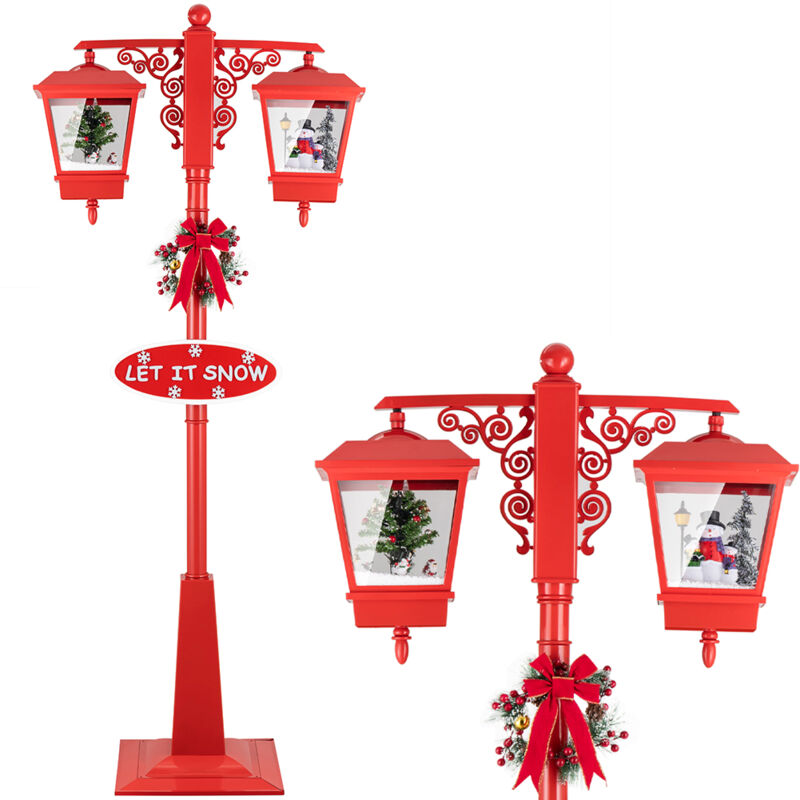 foto del prodotto lampione natale con luce led scena natalizia neve motorizzata musica 188cm rosso
