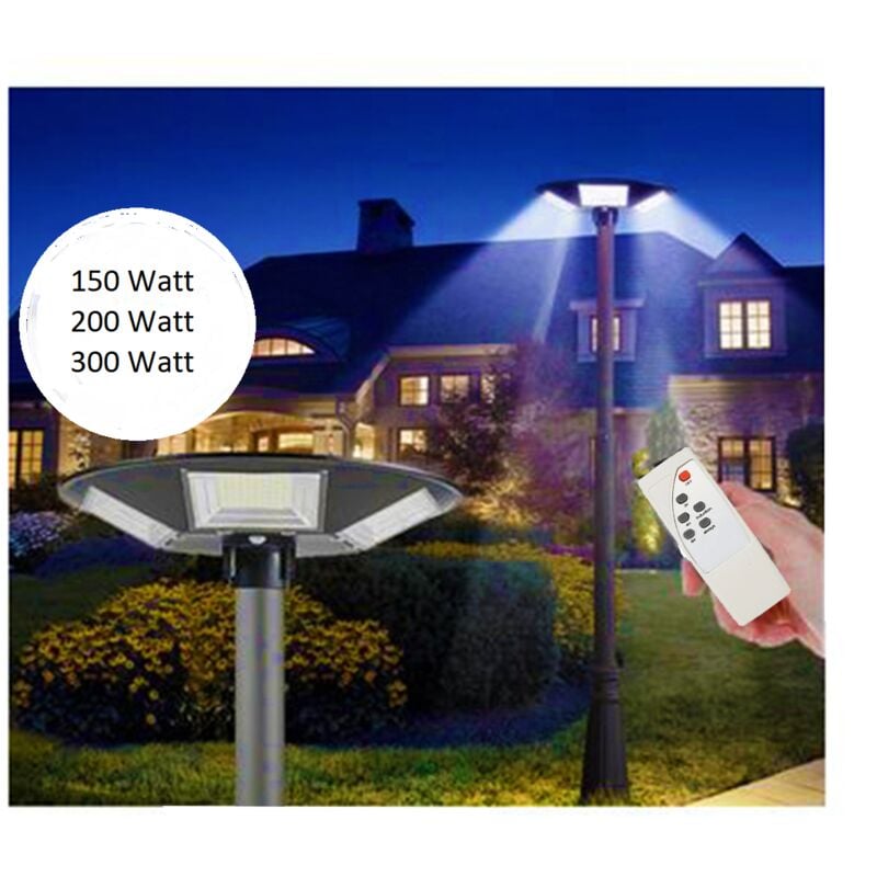 foto del prodotto lampione solare led 150w 200w 300w crepuscolare ip66 luce fredda telecomando 150