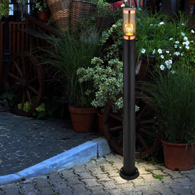 foto del prodotto lampione stradale paletto luminoso da esterno giardino nero ip44, lampada da terra terrazza balcone, acciaio inox ramato fum , 1x attacco e27, dxh