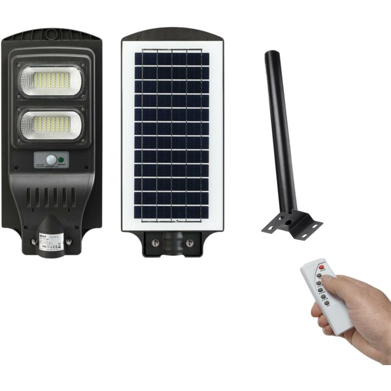foto del prodotto lampione stradale solare 100w faro led con staffa nera telecomando crepuscolare