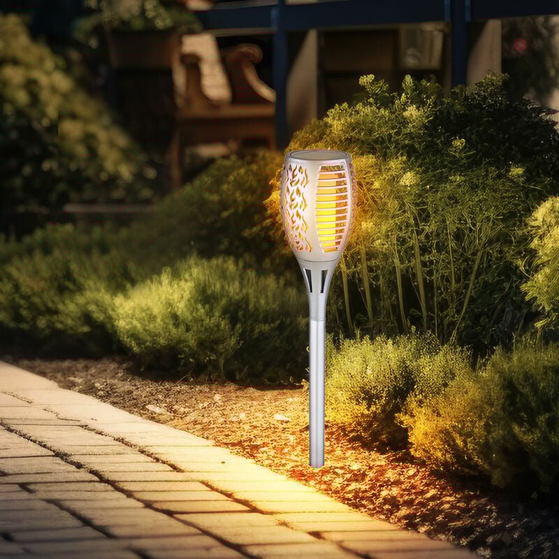 foto del prodotto lampioni solari da esterno giardino plug in luce effetto fiamma ip44 luci solari da giardino a batteria, plastica argento, 1x led 3000k, dxh 10x58cm