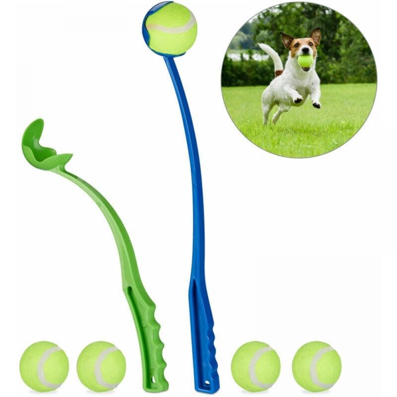 foto del prodotto lanciapalle per cani, 2 confezioni di lanciapalle, 5 palline da tennis incluse, per cani, blu/verde