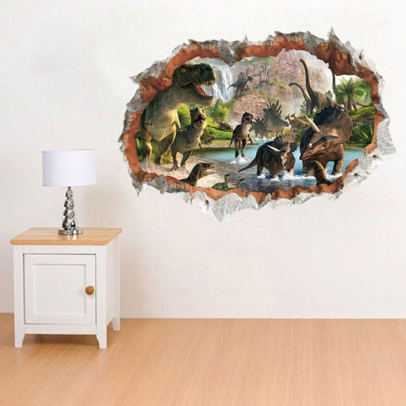 foto del prodotto langray adesivo da parete 3d con dinosauri nel fiume, effetto speciale 3d, vista esterna al muro incrinato, decorazione rimovibile fai da te in